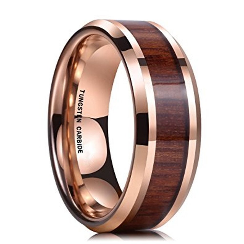 8mm - Unisex or Men's Tungsten Wedding Bands. Wood Inlay and Rose Gold Ring.
